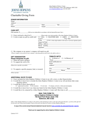 Johns Hopkins Children's Center Charitable Giving Form