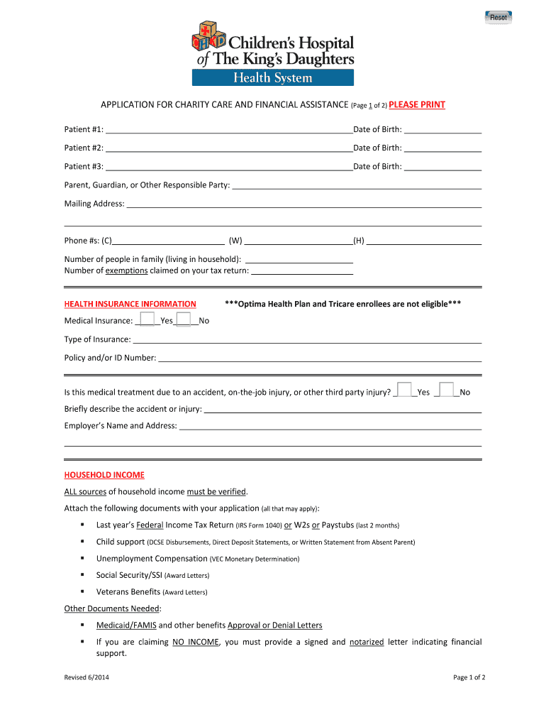 Fillable Online chkd APPLICATION FOR CHARITY CARE AND FINANCIAL ...