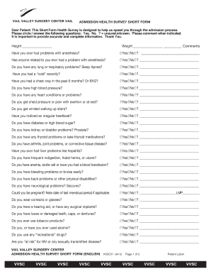 Vail Valley Surgery Center Admission Health Survey