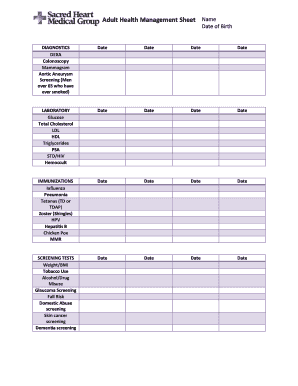 Adult Health Management Sheet