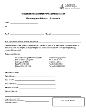 Request and Consent for Permanent Release of Mammograms & Breast Ultrasounds
