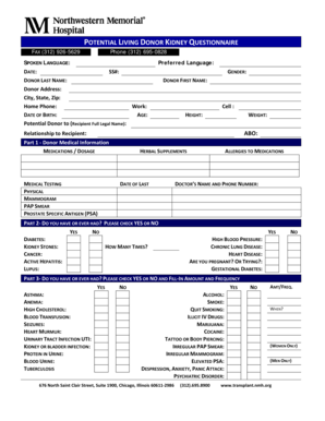 Potential Living Donor Kidney Questionnaire
