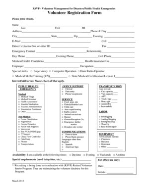 Volunteer Registration Form for Disasters/Public Health Emergencies
