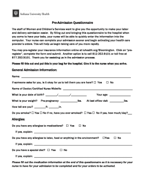 Pre-Admission Questionnaire for Labor and Delivery