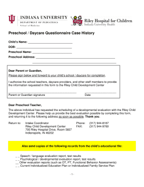 Preschool Daycare Questionnaire Case History