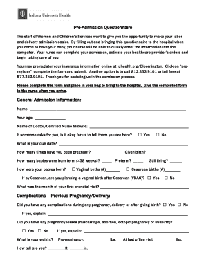 Pre-Admission Questionnaire for Labor and Delivery
