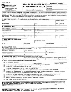 Pennsylvania Realty Transfer Tax Statement of Value