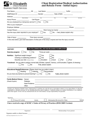 Initial Injury Registration and Medical Authorization Form
