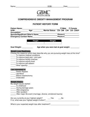 Comprehensive Obesity Management Program Patient History Form