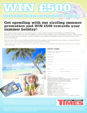 Win £500 Summer Holiday Competition Entry Form