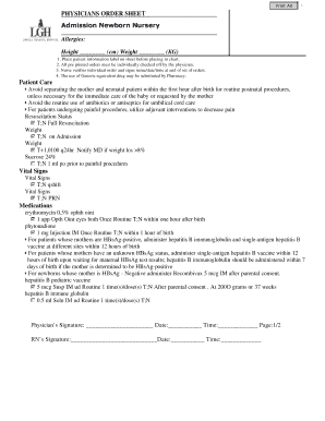 Physicians Order Sheet for Newborn Nursery