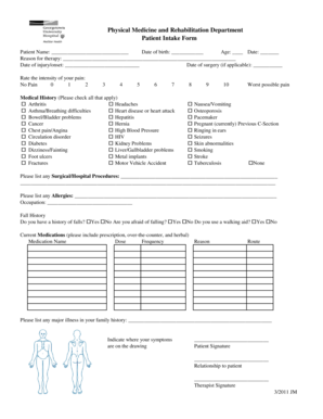 Patient Intake Form for Physical Medicine and Rehabilitation