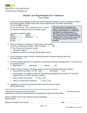 Health Care Requirements for Volunteers Form OHM4