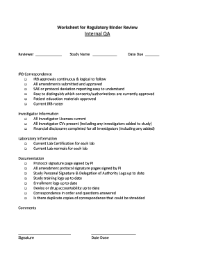 Regulatory Binder Review Worksheet