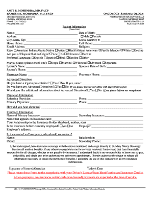 Michigan Oncology Patient Information Form