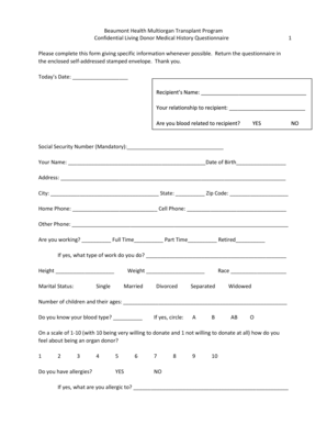 Beaumont Health Living Donor Medical History Questionnaire
