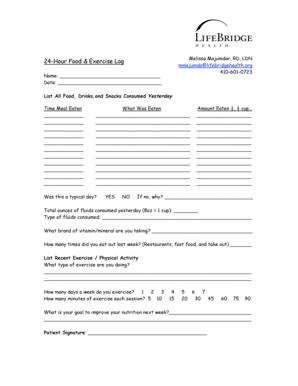 24-Hour Food Exercise Log Melissa Majumdar RD LDN - lifebridgehealth