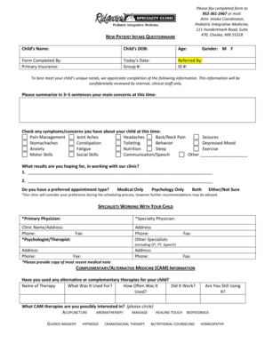 Pediatric Integrative Medicine New Patient Intake Questionnaire