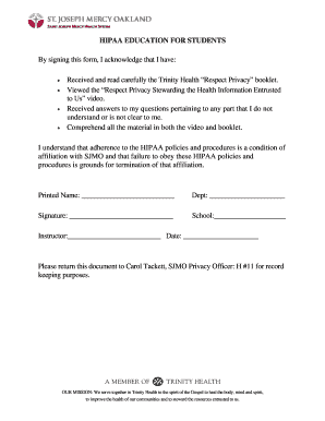 HIPAA Education Student Acknowledgment Form