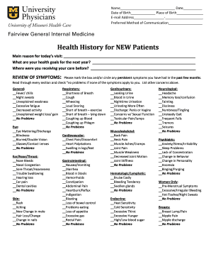Health History for New Patients Form