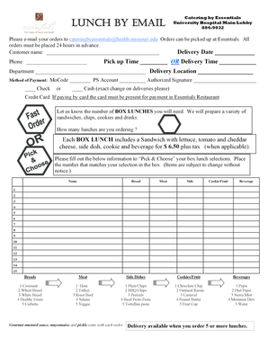 University Hospital Lunch Order Form