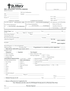 Pre-Admission Testing Orders Form