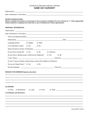 Cookeville Regional Medical Center Same Day Surgery Form