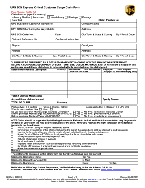 UPS SCS Express Critical Customer Cargo Claim Form