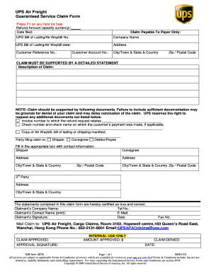 UPS Air Freight Guaranteed Service Claim Form