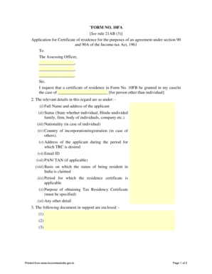 Form 10FA Application for Tax Residency Certificate