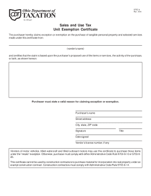 Ohio Sales and Use Tax Unit Exemption Certificate