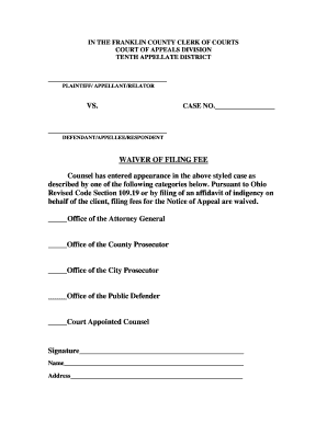 Ohio Court of Appeals Waiver of Filing Fee