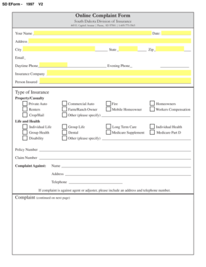 South Dakota Insurance Complaint Form