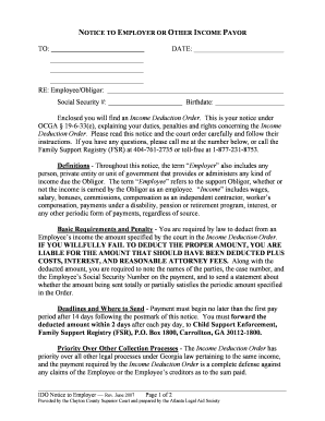 Georgia Income Deduction Order Notice to Employer
