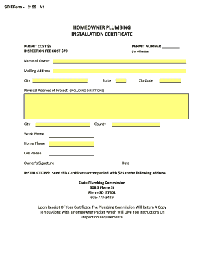 Homeowner Plumbing Installation Certificate