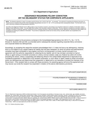 USDA Assurance Regarding Felony Conviction or Tax Delinquent Status