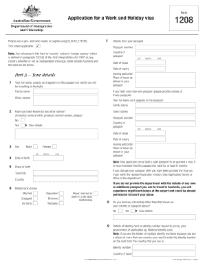 Work and Holiday Visa Application Form 1208