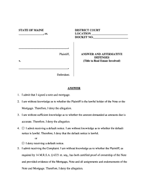 Maine District Court Answer and Affirmative Defenses