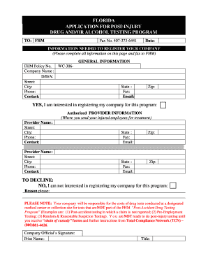 Florida Post-Injury Drug and Alcohol Testing Program Application