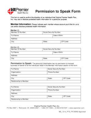 Virginia Premier Health Plan Permission to Speak Form