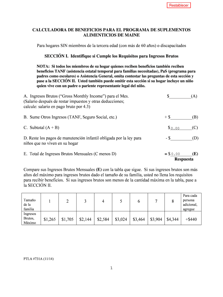 CALCULADORA DE BENEFICIOS PARA EL PROGRAMA DE SUPLEMENTOS - ptla Vista previa en la página 1