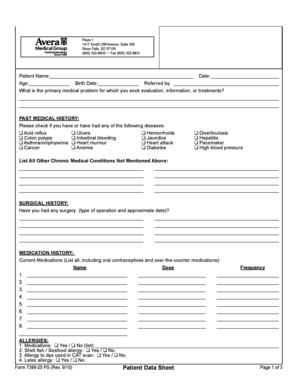Patient Data Sheet Form 7398-25 PS