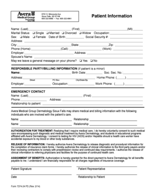 Avera Dermatology Patient Information Form