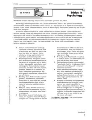 Ethics in Psychology Reading Worksheet