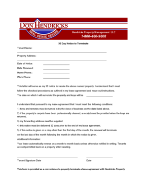 30 Day Notice to Terminate Tenancy