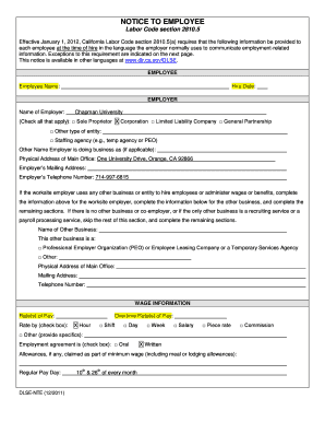 California Employee Notice to Employee Form