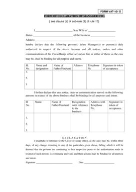 VAT-101 Manager Declaration Form