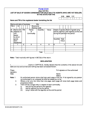 VAT Sales Consignment List Form LS-6