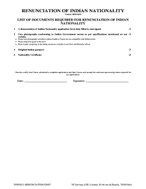 Renunciation of Indian Nationality Form