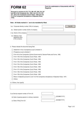 Form 62 for Submission of Documents with the Registrar
